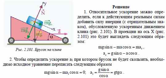 По гладкому клину, движущемуся с ускорением а, скользит брусок. Найти ...