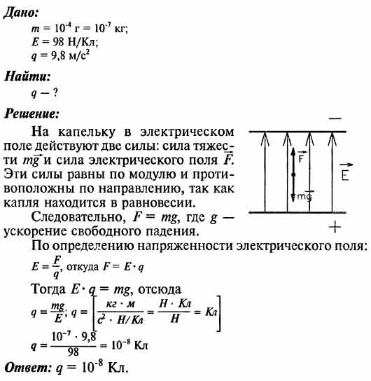 Капелька массой 10^-4 г находится в равновесии в электрическом поле с ...