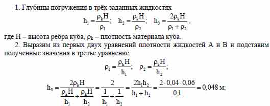 Плавая в жидкости А, куб погружается на глубину h1 = 0,04 м, а в ...