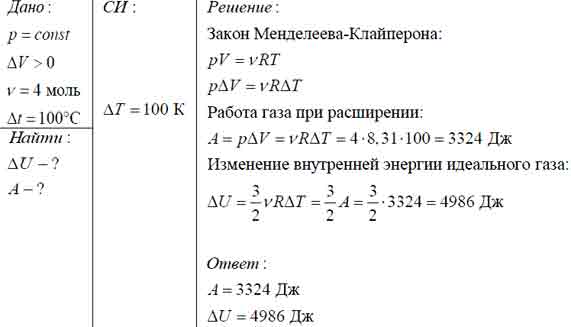 При изобарном расширении одноатомного газа, взятого в количестве 4 моль ...