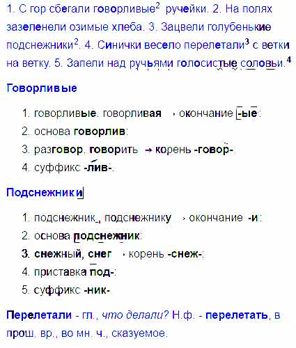 Прочитайте. 1. (С)гор (с)б..гали г..в..рливые руч..йки. 2. (На)полях ...