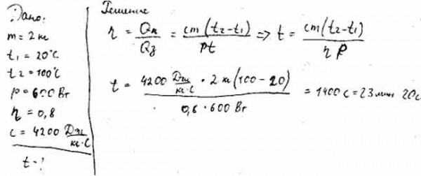 Сколько времени требуется для нагревания 2 кг воды от 20 до 100 °С в ...