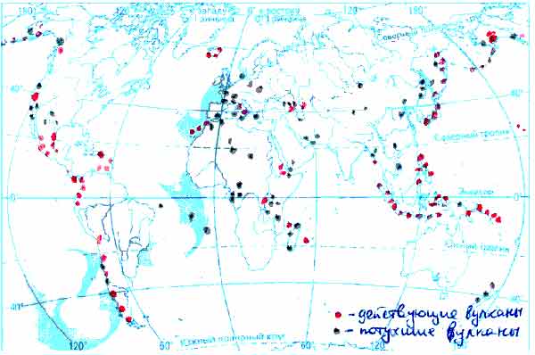 На контурной карте обозначьте чёрной точкой потухшие вулканы, красной ...