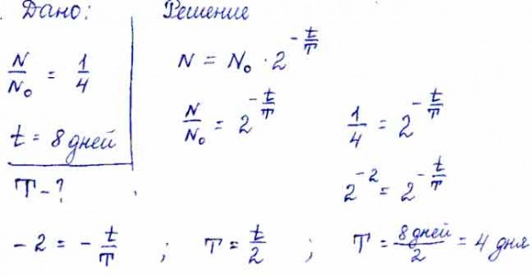 Активность радиоактивного элемента уменьшилась в 4 раза за 8 дней ...