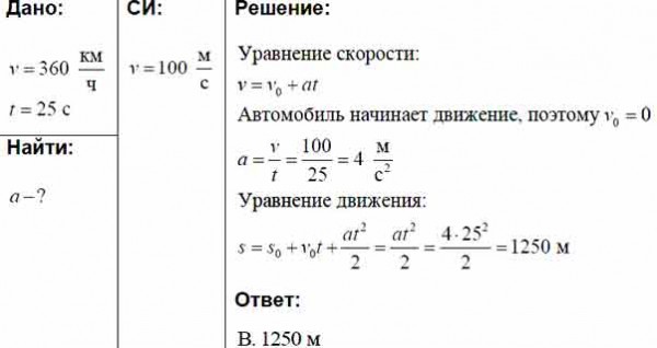 После старта гоночный автомобиль достиг скорости 360 км/ч за 25 с ...