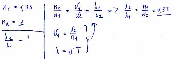 Во сколько раз увеличивается длина волны при переходе луча из воды в ...