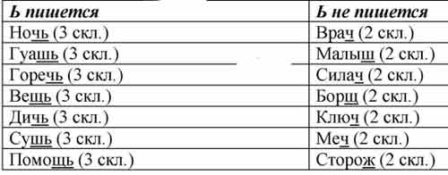 Запиши имена существительные в два столбика. ь после букв шипящих в ...